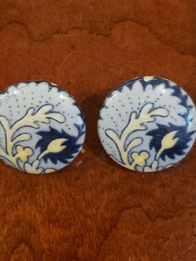 Blue and Cream Floral Button Stud Earrings